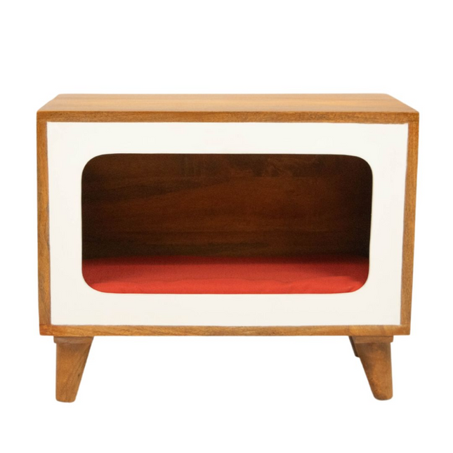 FurryLiving Telly Side Table with Cushion for Small Dogs and Cats (Honey/Red Cushion)