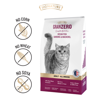 Signature Grain Zero Ocean Fish, Sardine and Mackerel Adult Cat Dry Food and Grain Zero Bonito and Scallop Lickable Creamy Treats for Cats Combo
