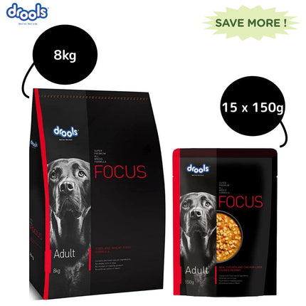 Drools Focus Super Premium Adult Dry Dog Food and Real Chicken & Chicken Liver Chunks in Gravy Adult Dog Wet Food Combo