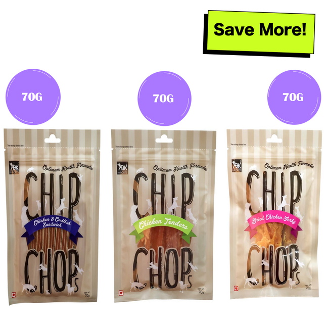 Chip Chops Chicken and Codfish Sandwich,  Sun Dried Chicken Jerky  and Chicken Tenders Dog Treats Combo