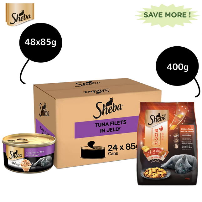 Sheba Pure Tuna Filets in Jelly Premium Cat Wet Food and Chicken Flavour Irresistible Cat Dry Food Combo