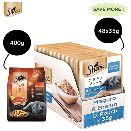 Sheba Maguro & Bream Fish Mix Premium Cat Wet Food Combo and Chicken Flavour Irresistible All Life Stage Cat Dry Food