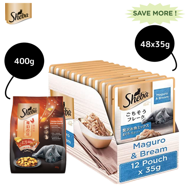 Sheba Maguro & Bream Fish Mix Premium Cat Wet Food Combo and Chicken Flavour Irresistible All Life Stage Cat Dry Food