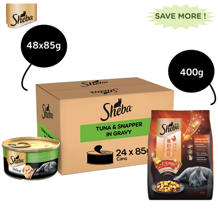 Sheba Complete Nutrition Tuna White Meat & Snapper In Gravy Cat Wet Food and Sheba Chicken Flavour Irresistible Cat Dry Food Combo
