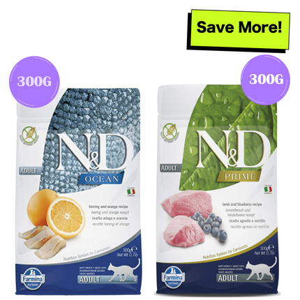 Farmina N&D Prime Lamb & Blueberry and Ocean Herring & Orange Grain Free Adult Cat Dry Food Combo
