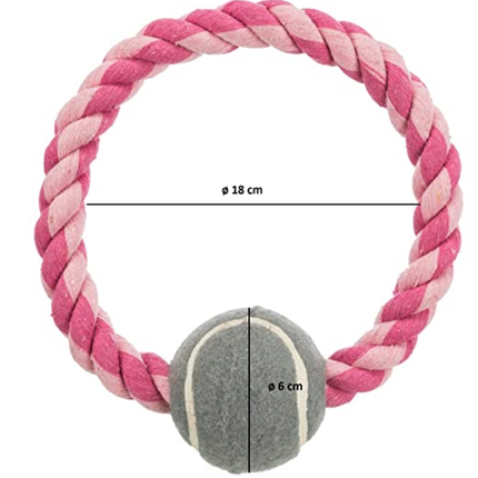 Trixie Rope Ring with Tennis Ball Toy for Dogs (Pink) | For Medium Chewers