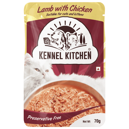 Kennel Kitchen Lamb with Chicken Shreds in Gravy Kitten and Adult Cat Wet Food (All Life Stage) with  Creameroo Chicken with Mackerel Creamy Cat Treats Combo