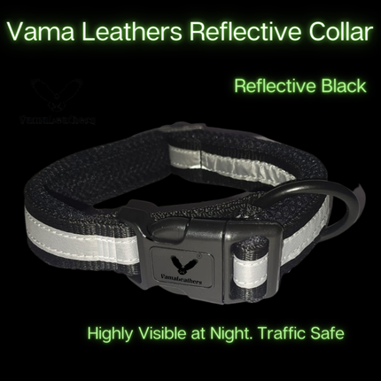 Vama Leathers Night Visible Reflective All Weather Everyday Collar for Dogs (Shiny Black)
