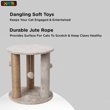 Skatrs Whisker Wonderland Circular Three Scratching Post with Hanging Pom Pom Cat Tree Toy (Grey)
