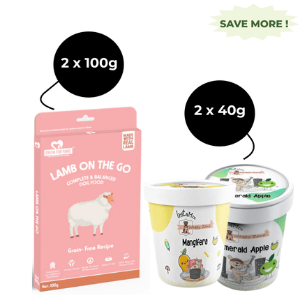 Fresh For Paws Lamb On The Go Wet Food and Waggy Zone Mangifera with Chicken Chunks & Green Apple Ice Cream for Dogs Combo