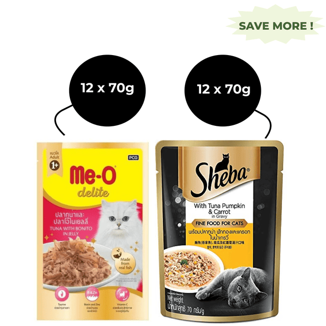 Me O Delite Tuna with Bonito in Jelly and Sheba Tuna Pumpkin & Carrot In Gravy Rich Premium Adult Fine Cat Wet Food Combo