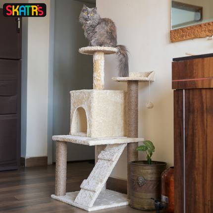 Skatrs Kitty Kastle Multi Level Cat Tree with Condo, Scratching Post, Platform and Ladder Toy (Beige)