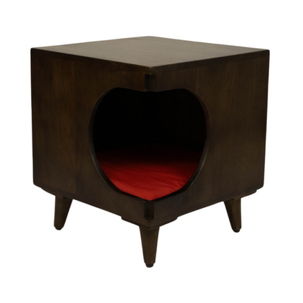 FurryLiving Wally Side Table with Cushion for Small Dogs and Cats (Dark Brown/Red Cushion)