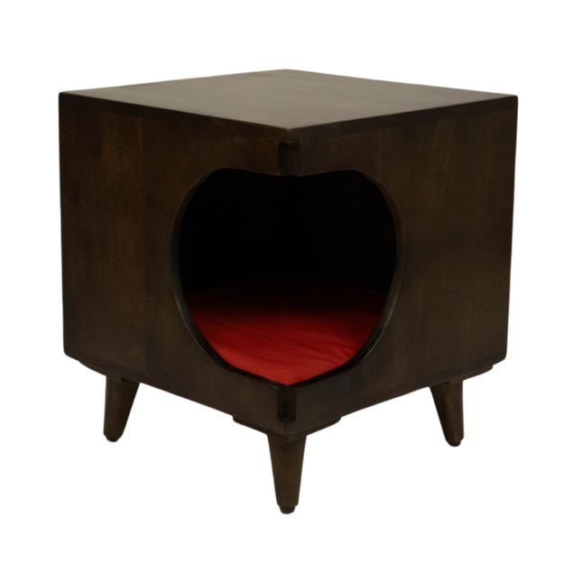 FurryLiving Wally Side Table with Cushion for Small Dogs and Cats (Dark Brown/Red Cushion)