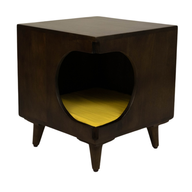 FurryLiving Wally Side Table with Cushion for Small Dogs and Cats (Dark Brown/Yellow Cushion)