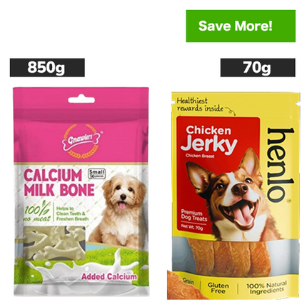 Gnawlers Calcium Milk Bone and Henlo Chicken Jerky Dog Treats Combo