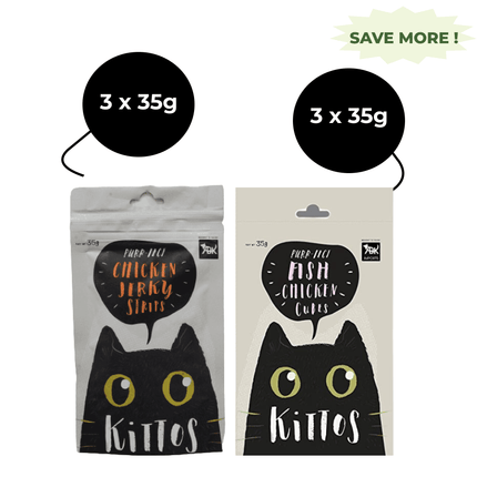 Kittos Purr Fect Chicken Jerky Strips and Fish Chicken Cubes Cat Treats Combo (3+3)