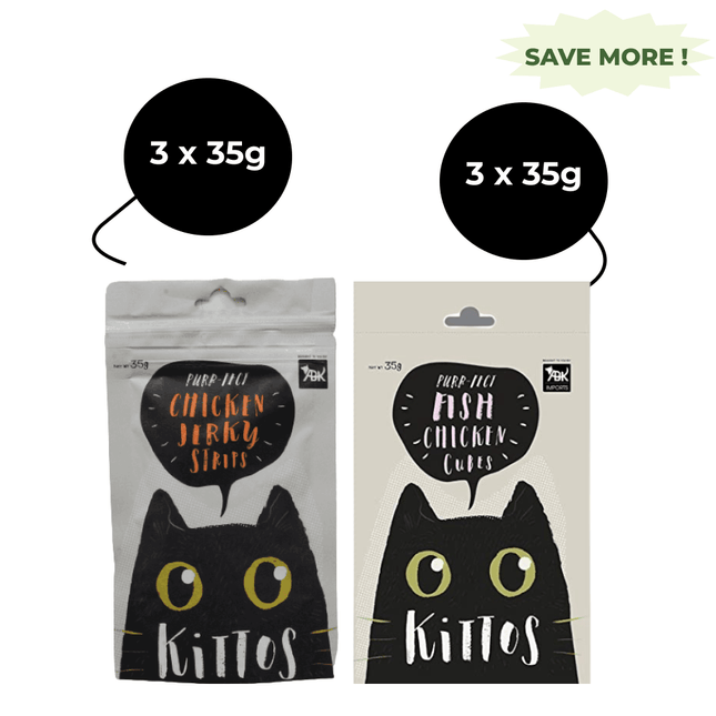 Kittos Purr Fect Chicken Jerky Strips and Fish Chicken Cubes Cat Treats Combo (3+3)