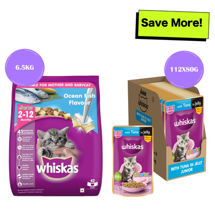 Whiskas Tuna in Jelly Kitten Wet Food and Ocean Fish Kitten Dry Food Combo