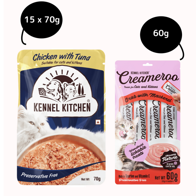 Kennel Kitchen Chicken with Tuna Shreds in Gravy Wet Food and Creameroo Crab with Mackerel Creamy Cat Treats Combo