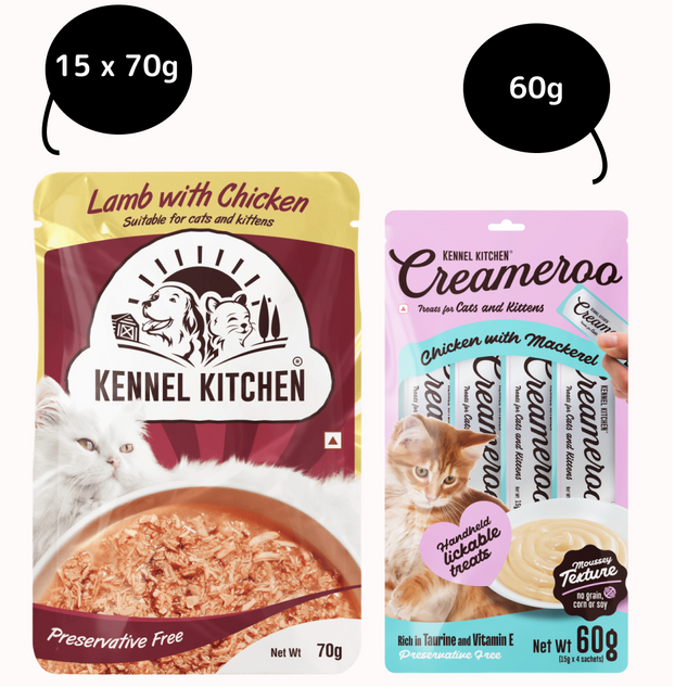 Kennel Kitchen Lamb with Chicken Shreds in Gravy Kitten and Adult Cat Wet Food (All Life Stage) with  Creameroo Chicken with Mackerel Creamy Cat Treats Combo