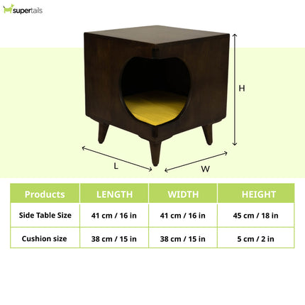 FurryLiving Wally Side Table with Cushion for Small Dogs and Cats (Dark Brown/Yellow Cushion)