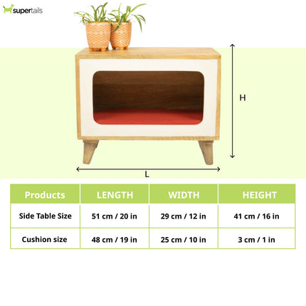 FurryLiving Telly Side Table with Cushion for Small Dogs and Cats (Oak/Red Cushion)