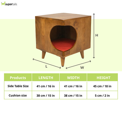 FurryLiving Wally Side Table with Cushion for Small Dogs and Cats (Honey/Red Cushion)