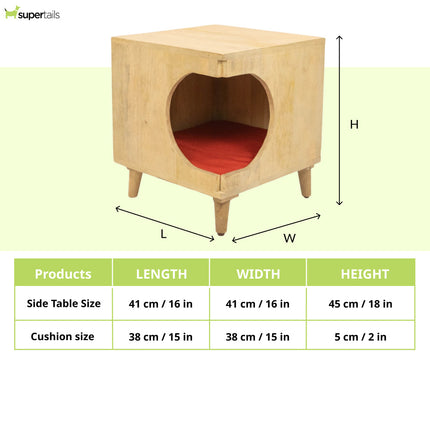 FurryLiving Wally Side Table with Cushion for Small Dogs and Cats (Oak/Red Cushion)