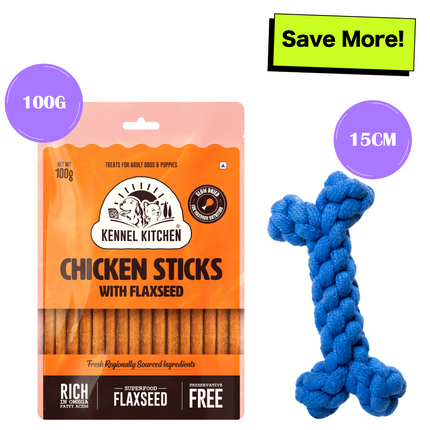 Kennel Kitchen Chicken & Flaxseed Sticks with Skatrs Bone Rope Chew Toy Combo for Dogs