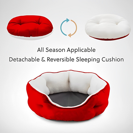 Fluffy's Pawsome Round Washable Bed for Dogs and Cats (Red)