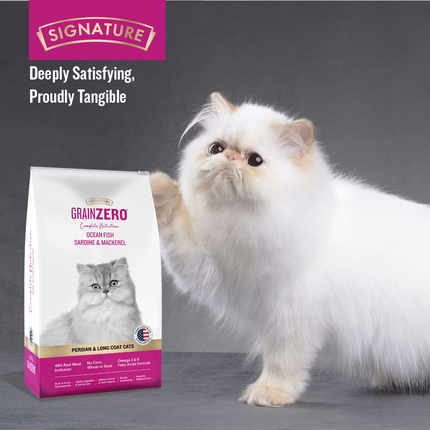 Signature Grain Zero Ocean Fish, Sardine and Mackerel Long Coat & Persian Cat Dry Food and  Grain Zero Tuna and Ocean Fish Lickable Creamy Cat Treats