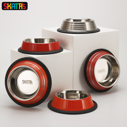 Skatrs Anti Skid Stainless Steel Striped Bowl for Dogs and Cats (Buy 1 Get 1)
