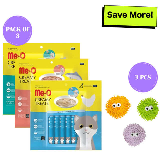 Me O Creamy Chicken & Liver, Salmon and Bonito Treats and Fofos Geek Ball Toy for Cats Combo