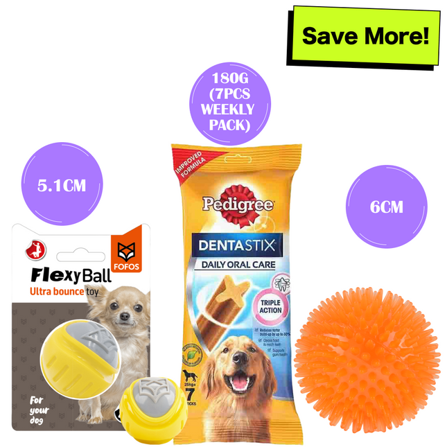 Pedigree Dentastix Oral Care Treats for Adult Medium Breeds (10-25 kg), Fofos Flexy yellow & grey Ultra Bounce Ball Toy & Basil Squeaky Orange Rubber Ball Toy Combo for Dogs