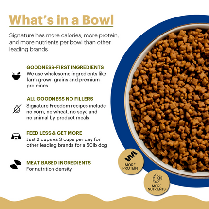 Signature Freedom Fish, Chicken and Peas Recipe Adult Cat Dry Food and Grain Zero Salmon Lickable Creamy Cat Treats Combo