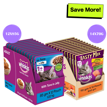 Whiskas Tuna in Jelly Meal and Chicken With Salmon Wakame Seaweed in Gravy Tasty Mix Adult Cat Wet Food Combo