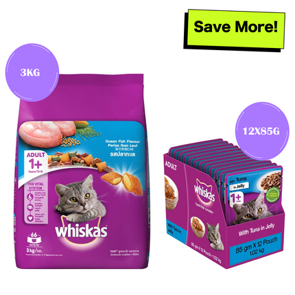 Whiskas Ocean Fish and Tuna in Jelly Meal Adult Cat Wet and Dry Food Combo