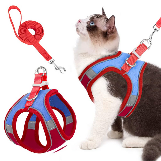 QPets Reflective Mesh Vest Harness with Leash for Cats (Blue/Red)