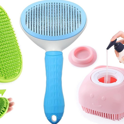 Chullbull Oval Slicker, Bath and Rubber Hand Brush Grooming Kit for Dogs