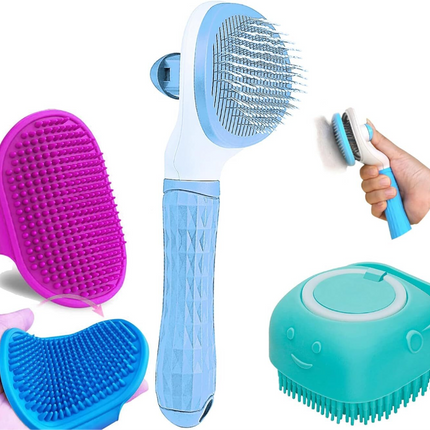 Chullbull Oval Slicker, Bath and Rubber Hand Brush Grooming Kit for Dogs