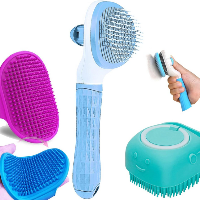 Chullbull Oval Slicker, Bath and Rubber Hand Brush Grooming Kit for Dogs