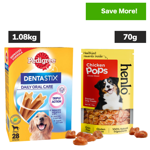 Pedigree Dentastix Oral Care for Adult (Large Breed of 25 kg+) and Henlo Chicken Pops Dog Treats Combo