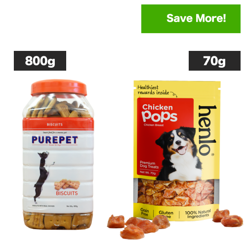 Purepet Chicken Flavour Real Chicken Biscuit and Henlo Chicken Pops Dog Treats Combo