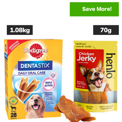 Pedigree Dentastix Oral Care for Adult (Large Breed of 25 kg+) and Henlo Chicken Jerky Dog Treats Combo
