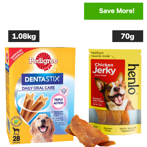 Pedigree Dentastix Oral Care for Adult (Large Breed of 25 kg+) and Henlo Chicken Jerky Dog Treats Combo